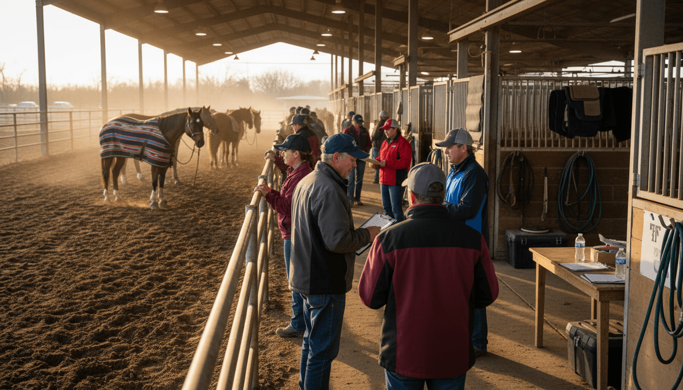 Committee members wearing embroidered polos and soft-shell jackets in a covered arena and barn aisle with horses in stalls and show-ring dirt